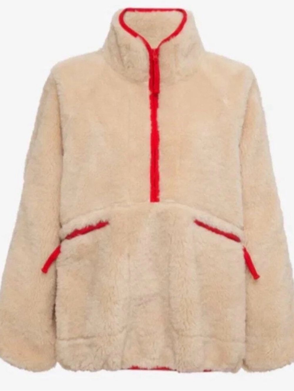Rumored Beige Teddy Sherpa Pullover with Red Trim